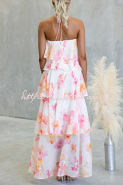 Chiffon Floral Print Halter Maxi Dress with Tiered Ruffles