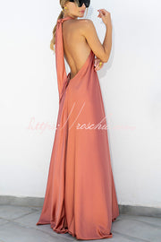 Satin Halter Backless Maxi Dress – Sleeveless Vacation Wear