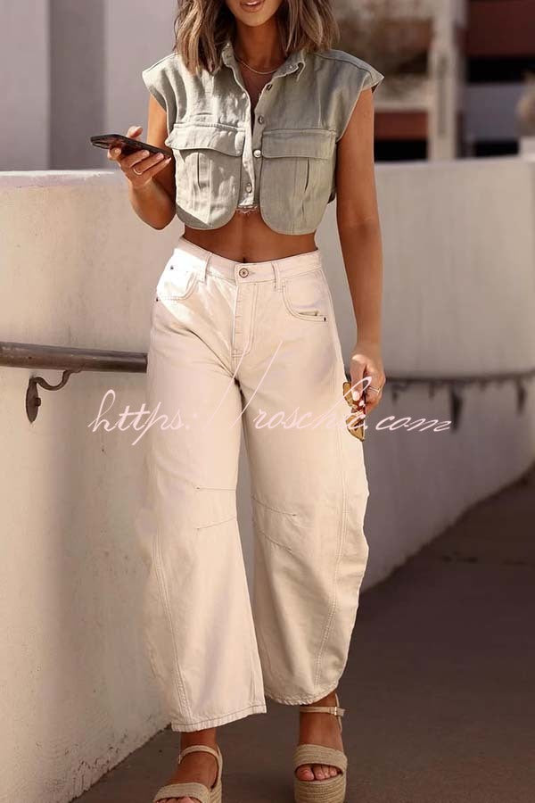 Denim Cape Sleeve Crop Top with Chest Pocket | Loose Fit