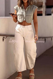Denim Cape Sleeve Crop Top with Chest Pocket | Loose Fit