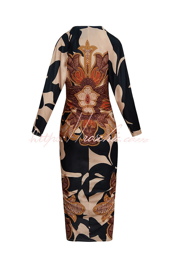 Printed Dolman Sleeve Ruched Slit Midi Dress