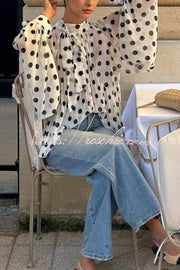 Polka Dot Lantern Sleeve Tie-Waist Loose Shirt