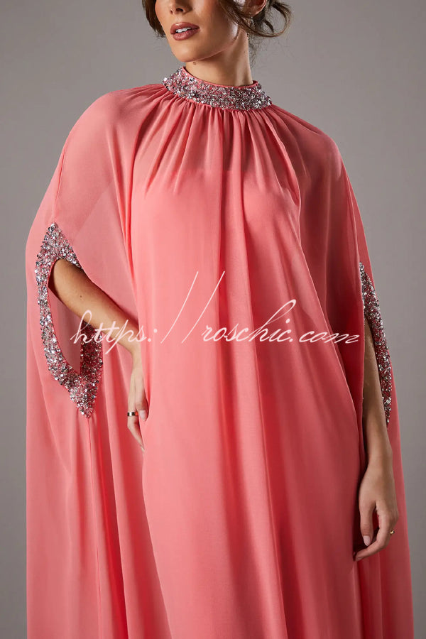 Chiffon Sequin Trim High Neck Batwing Maxi Dress
