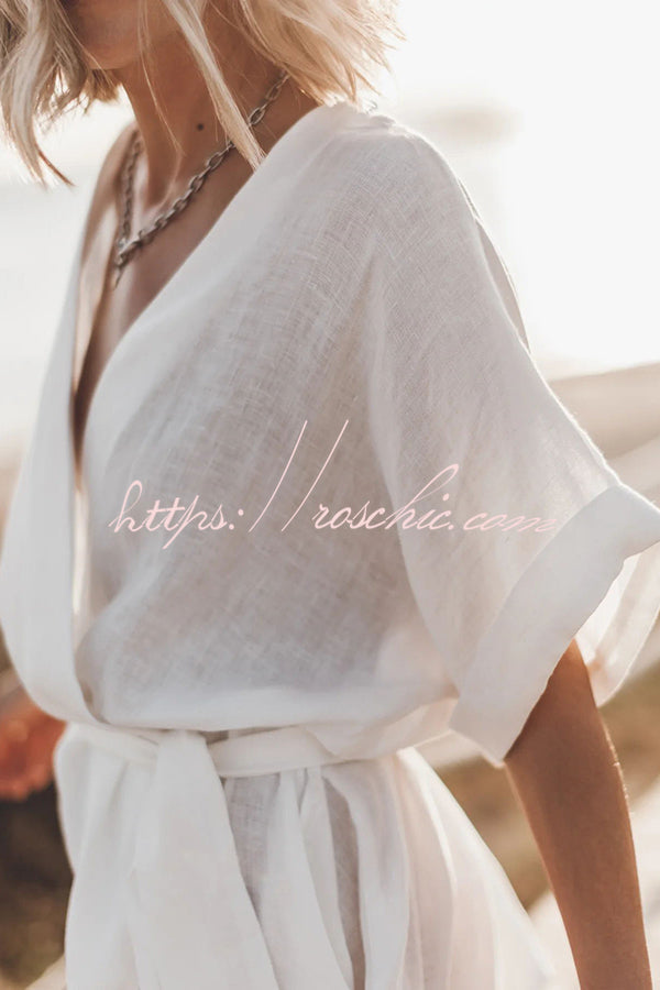 Cotton Linen Blend Kimono Mini Dress with Belt & Pockets