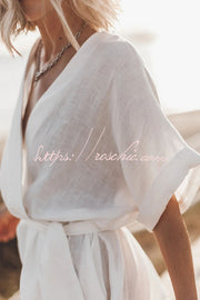 Cotton Linen Blend Kimono Mini Dress with Belt & Pockets