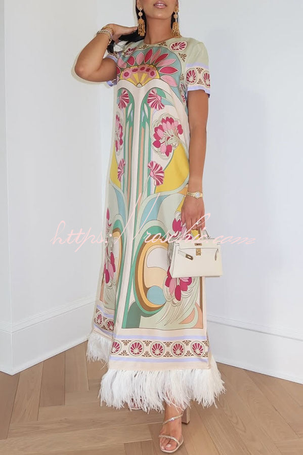 Satin Baroque Print Maxi Dress with Feather Trim