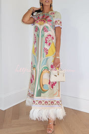 Satin Baroque Print Maxi Dress with Feather Trim