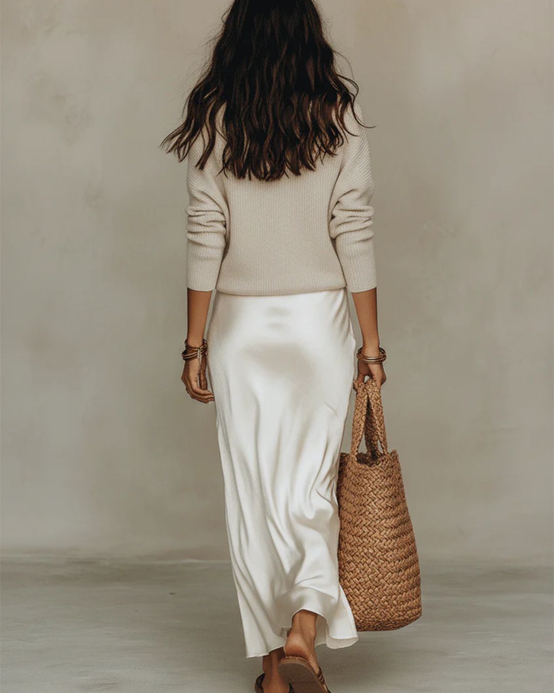 Knit & Satin Midi Skirt Set – Ivory Coordinated Ensemble