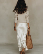 Knit & Satin Midi Skirt Set – Ivory Coordinated Ensemble