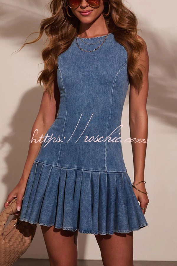 Denim Mini Dress with Lace-Up Back & Pleated Slim Fit