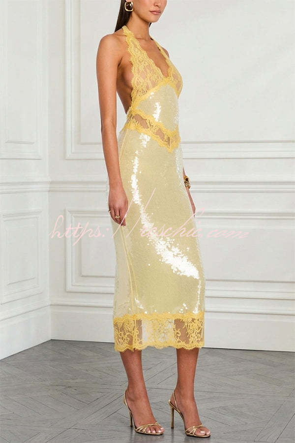 Sequin Lace Halter Midi Dress with Open Back