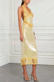 Sequin Lace Halter Midi Dress with Open Back