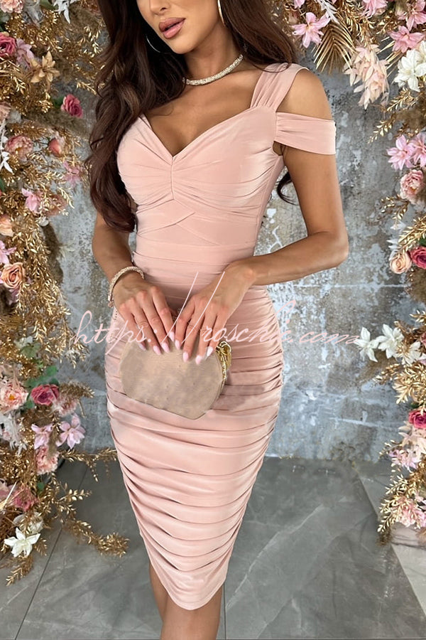 Cold Shoulder Ruched Pencil Midi Dress for Parties