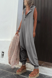 Sleeveless Hooded Cotton Blend Jumpsuit with Pockets