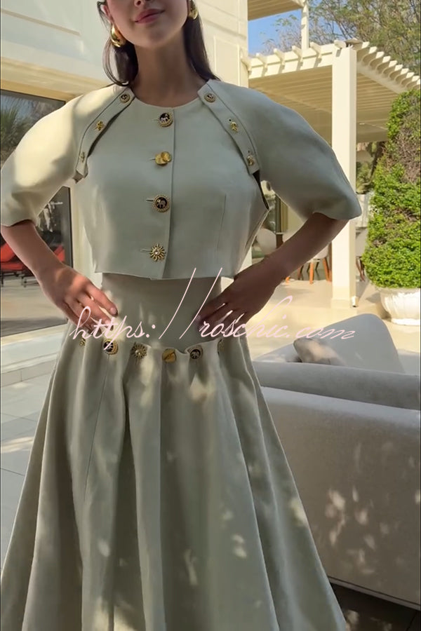Linen Blend Crop Jacket with Metal Pattern Buttons & Slit Sleeves