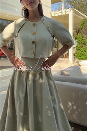 Linen Blend Crop Jacket with Metal Pattern Buttons & Slit Sleeves