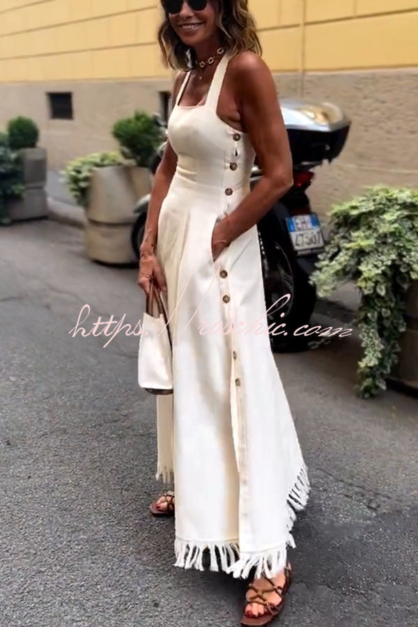 Linen Blend Midi Dress with Square Neck and Tassel Trim