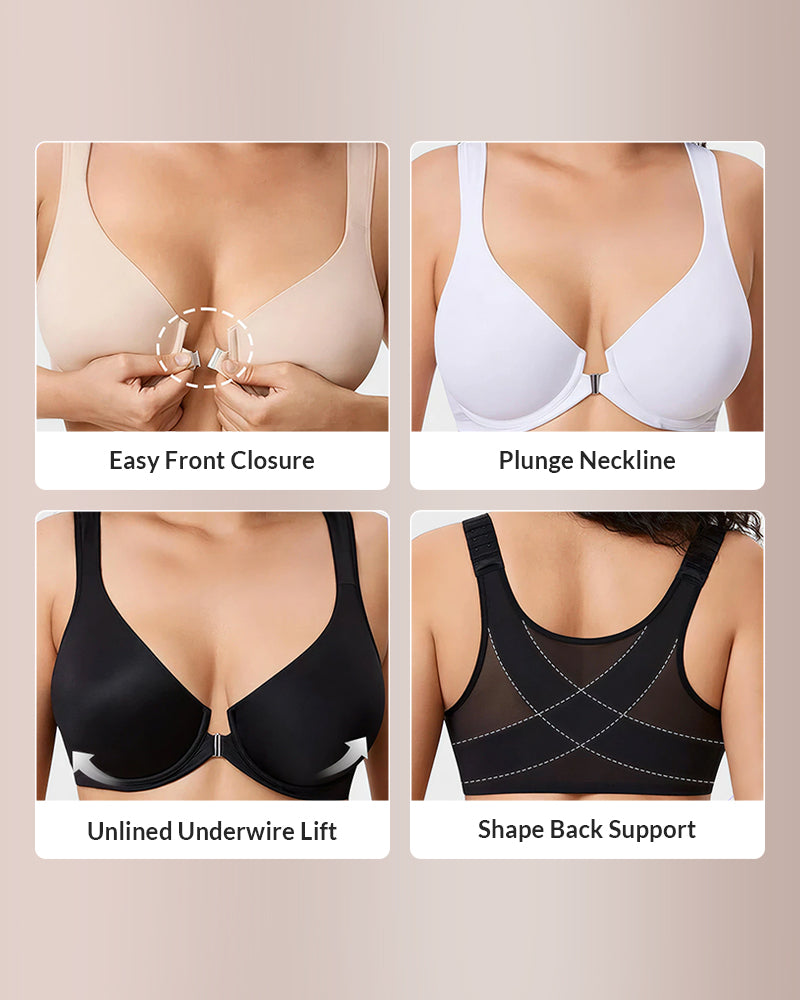 Front Closure Underwire Bra with Back Support & Wide Straps