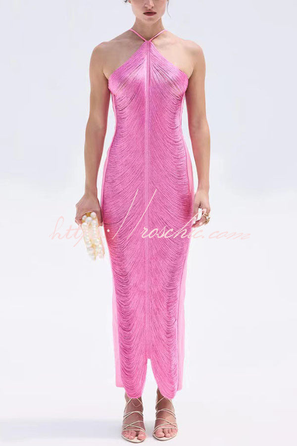 Robe longue dos nu métallisée avec fente à franges