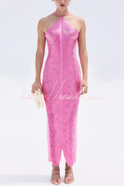 Robe longue dos nu métallisée avec fente à franges