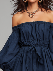 Navy Off-Shoulder Mini Dress with Structured Band