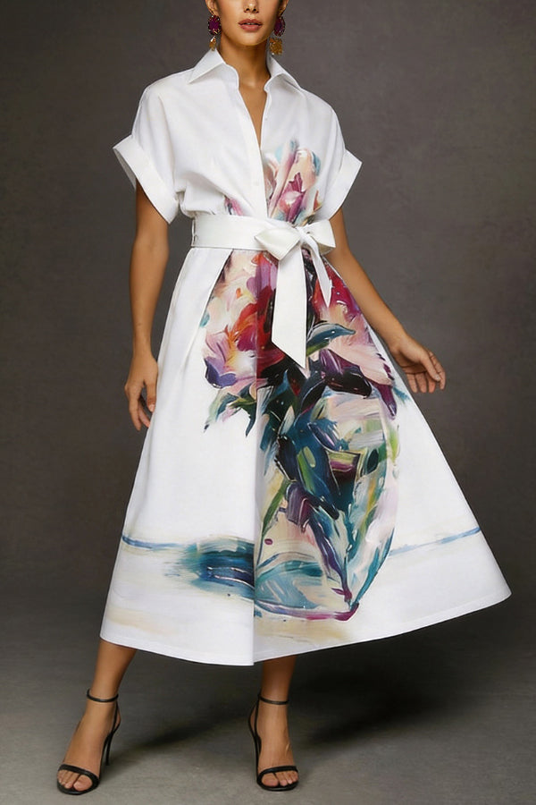 Art Print Midi Dress with Collar & Chest Pocket
