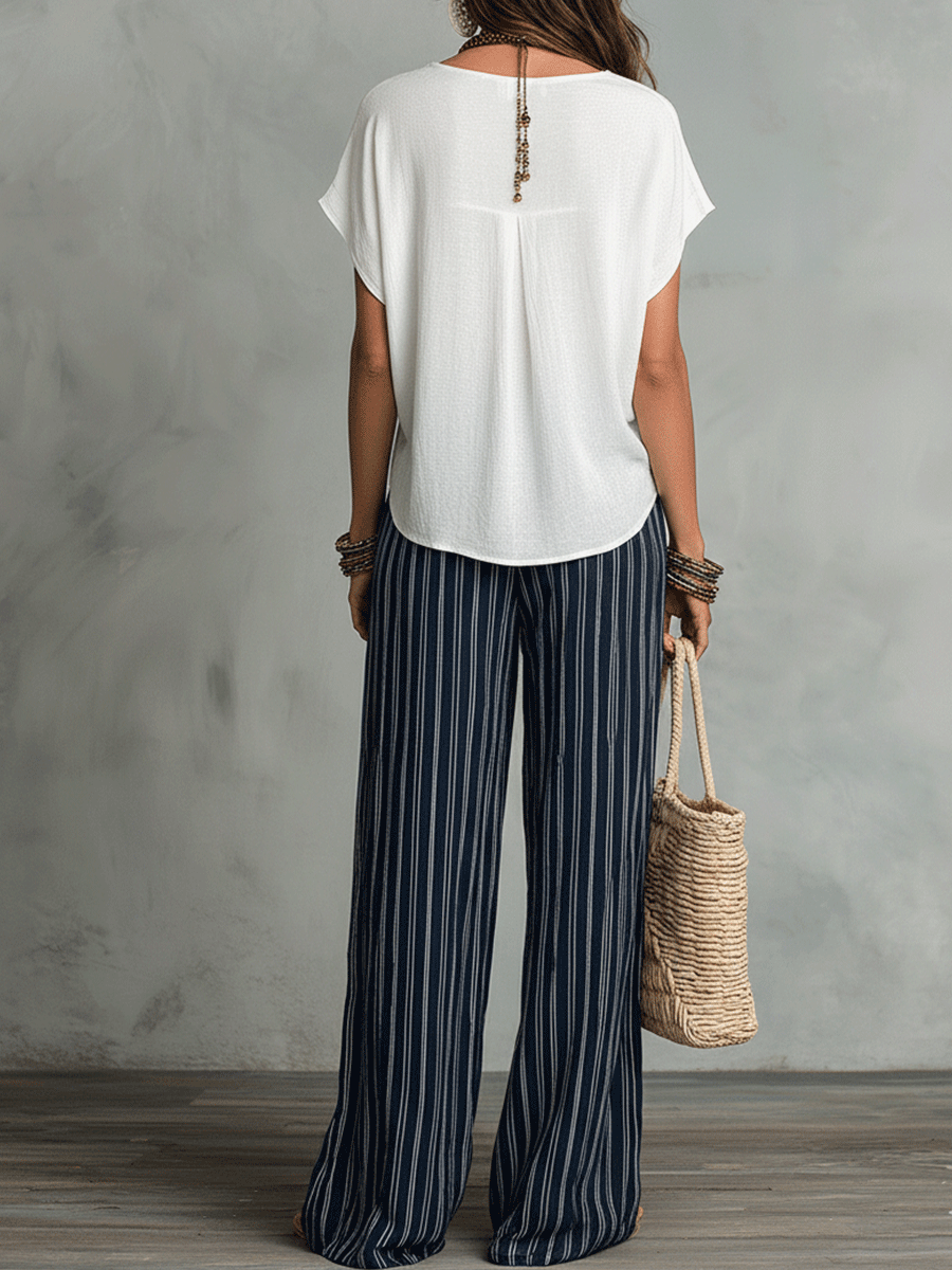 Bohemian Stripe Wide-Leg Pants Set | Relaxed Fit