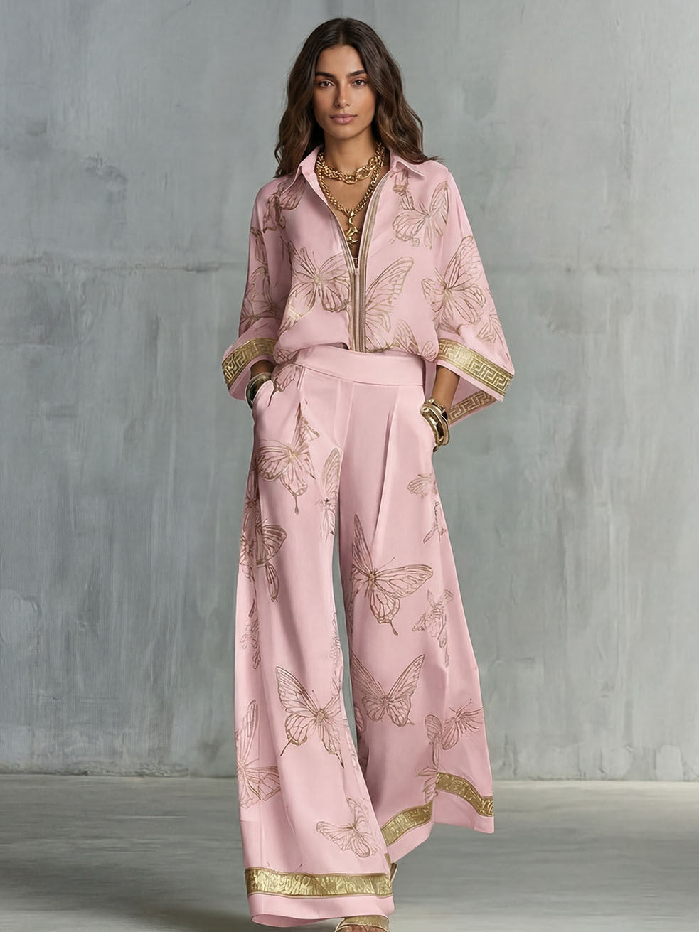 Set bluză jacquard și pantaloni cu picioare largi | Boho Luxe