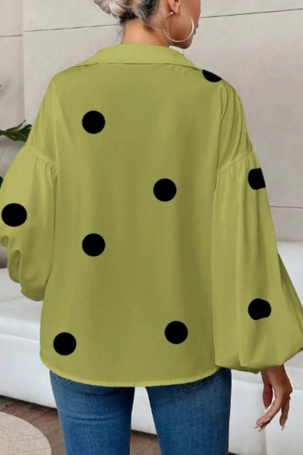 Polka Dot Puff Sleeve Collared Loose Blouse