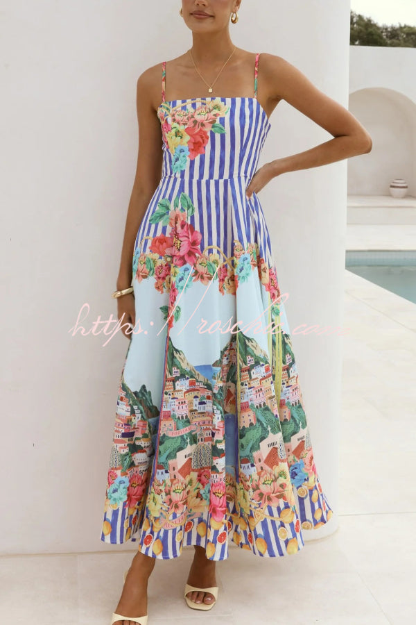 Robe longue imprimée à bretelles fines et col carré