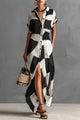 Geometric Print Lapel Maxi Dress – Loose Fit Vacation Dress