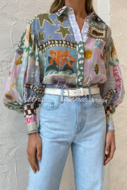 Printed Balloon Sleeve Loose Button Shirt | Vacation Top