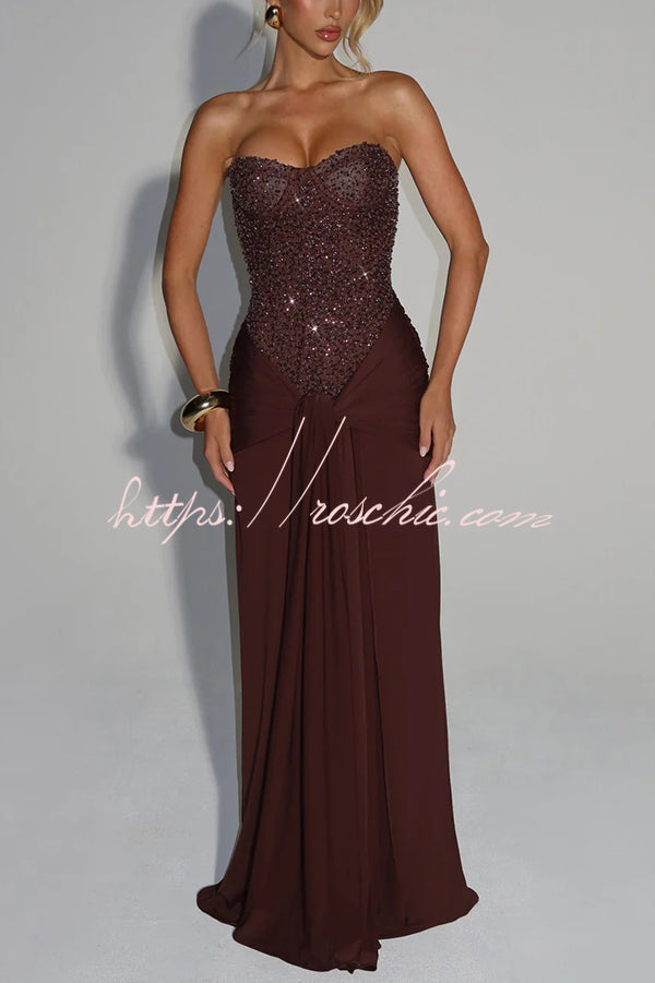 Sequined Satin Jersey Off-Shoulder Ruched Maxi Dress