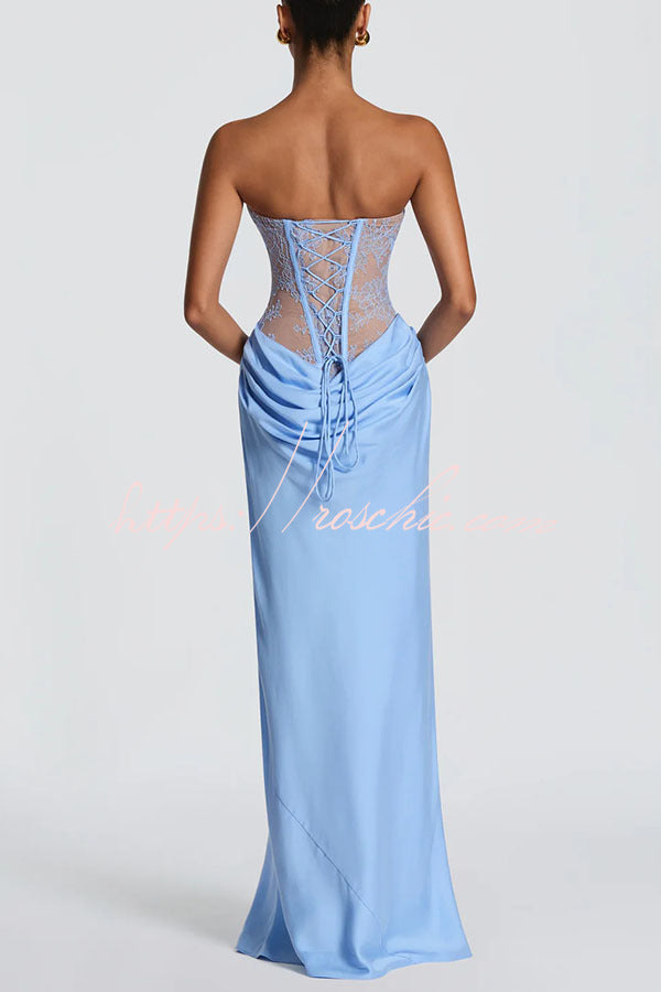 Floral Lace Strapless Maxi Dress with Lace-Up Back