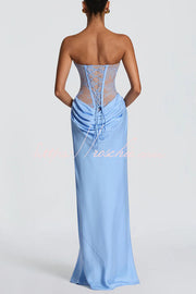 Floral Lace Strapless Maxi Dress with Lace-Up Back