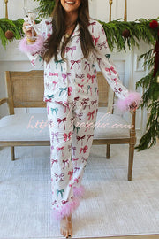 Christmas Printed Feather Trim Pajama Set with Pockets