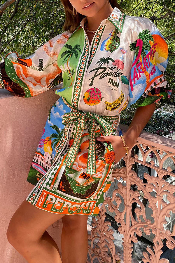 Linen Blend Printed Belted Shirt Mini Dress