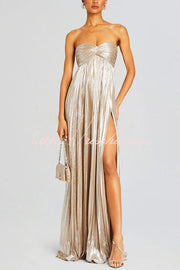 Metallic Pleated Off-Shoulder High Slit Maxi Dress