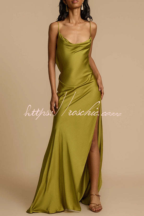 Satin Cowl Neck Backless Bias Cut Maxi Dress – Pistachio