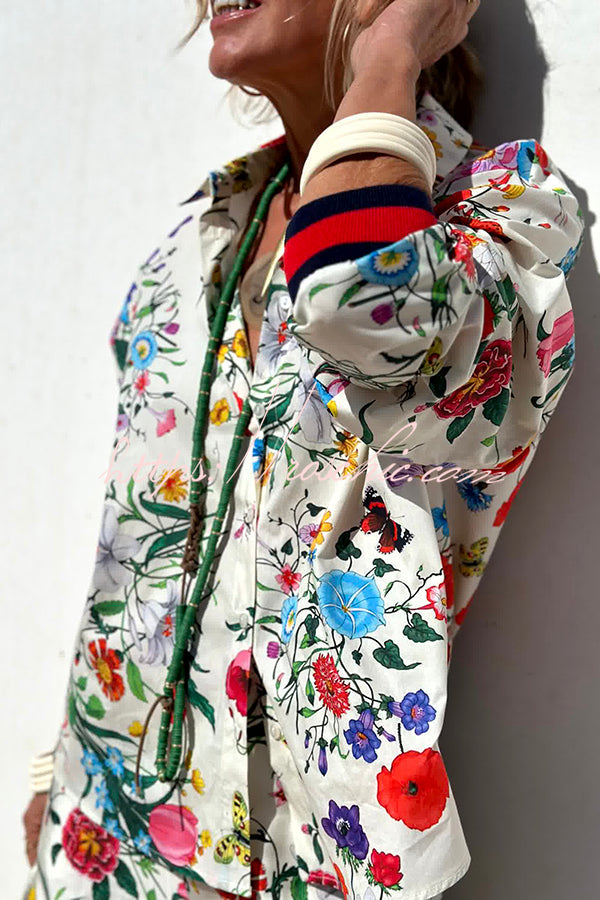 Blouse boutonnée surdimensionnée en satin à imprimé floral