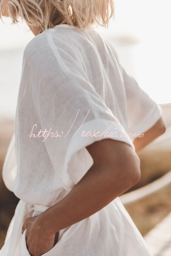 Cotton Linen Blend Kimono Mini Dress with Belt & Pockets
