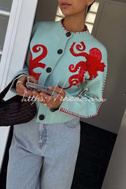 Octopus Graphic Knit Cardigan – Loose Fit Button-Up Sweater