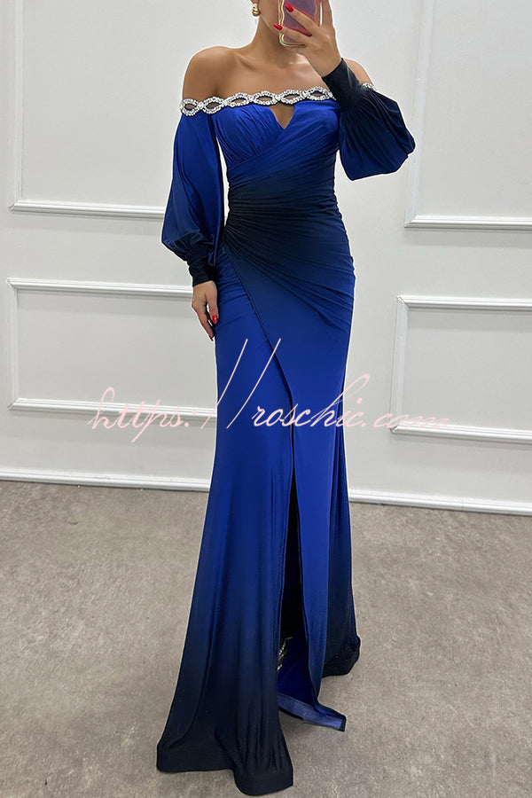 Gradient Print Off-Shoulder Maxi Gown with Gem Detail