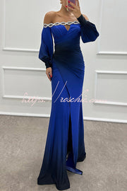 Gradient Print Off-Shoulder Maxi Gown with Gem Detail