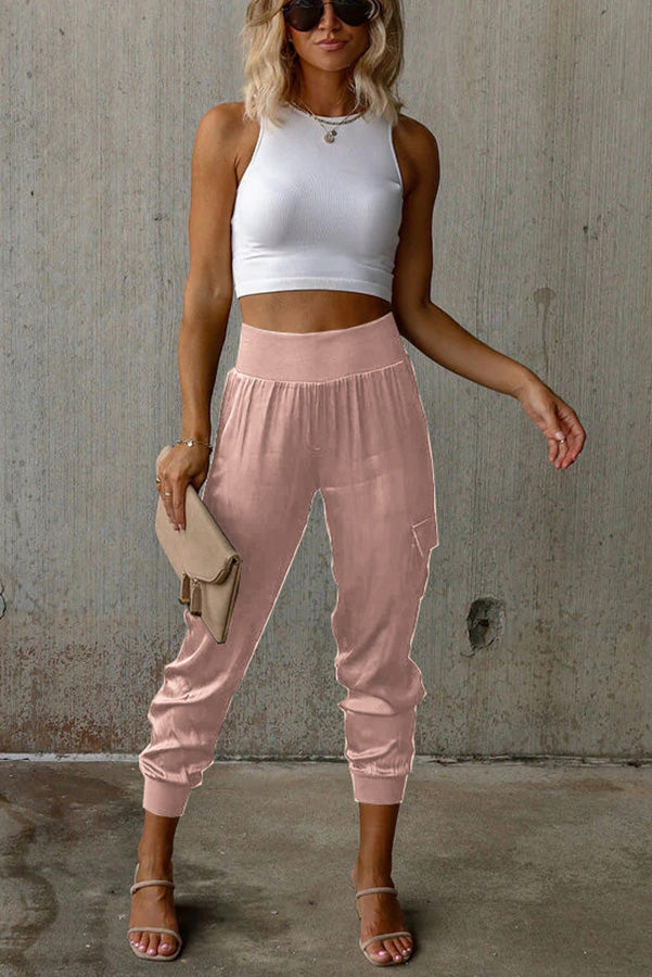 Satin High Waist Joggers with Pockets – Ankle Length