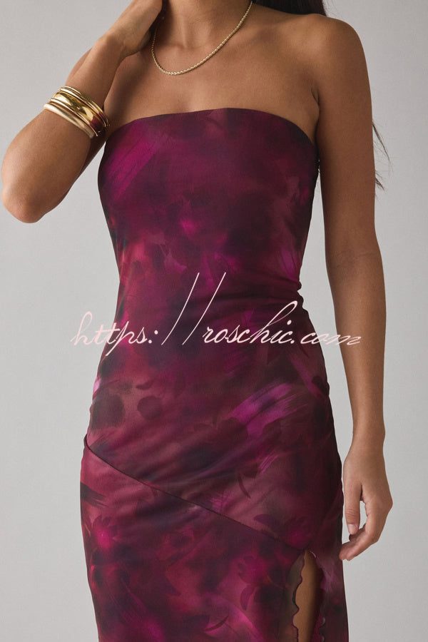 Mesh Tie-Dye Strapless Maxi Dress with Side Slit