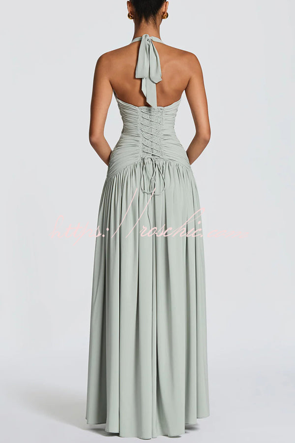 Chiffon Halter Maxi Dress with Lace-Up Back and Side Slit