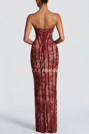 Floral Lace Strapless Maxi Dress with Lace-Up Back & Slit
