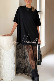 Lace Hem Maxi Dress – Loose Fit Short Sleeve Vacation Dress
