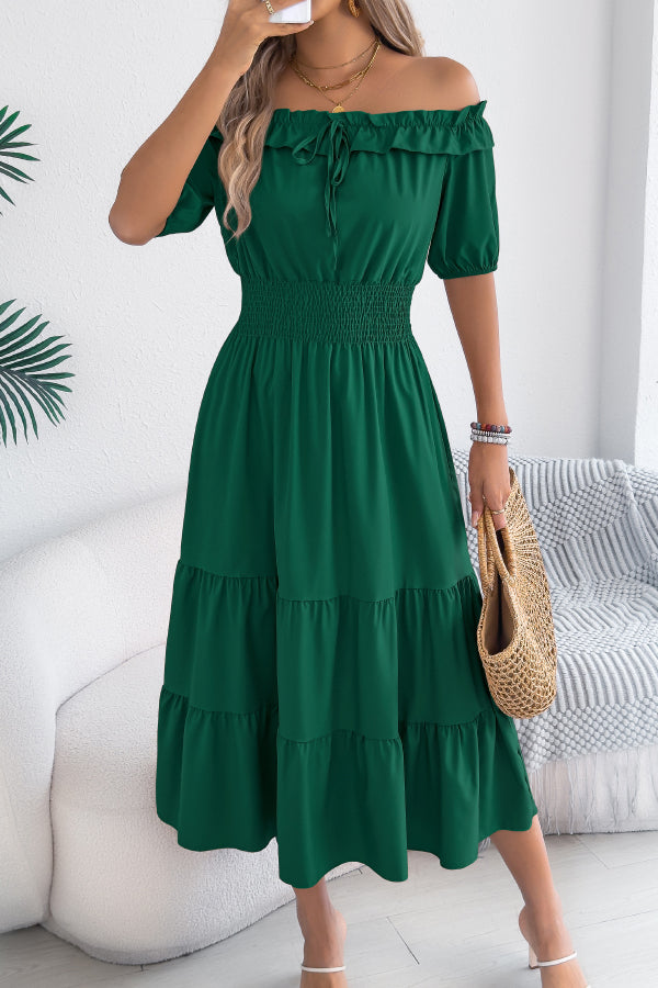 Robe midi plissée à épaules dénudées – Style vacances décontracté